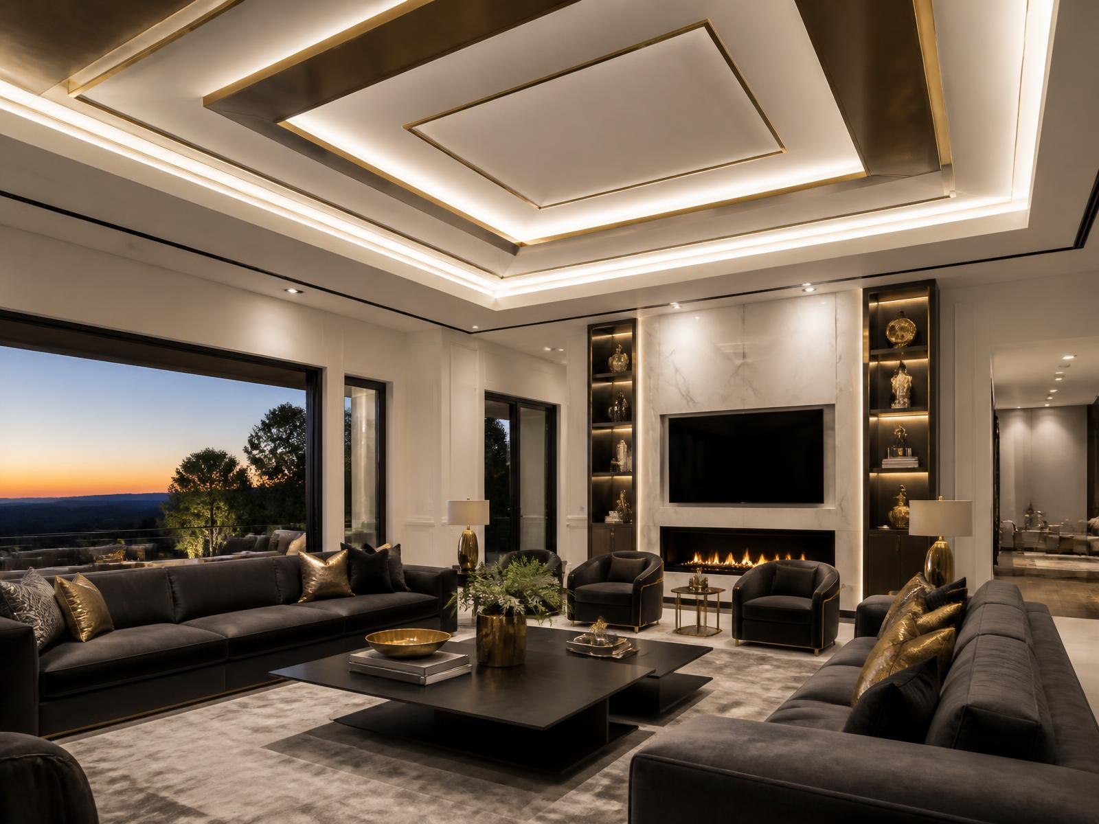 Luxury living room with a custom layered coffered ceiling and cove lighting